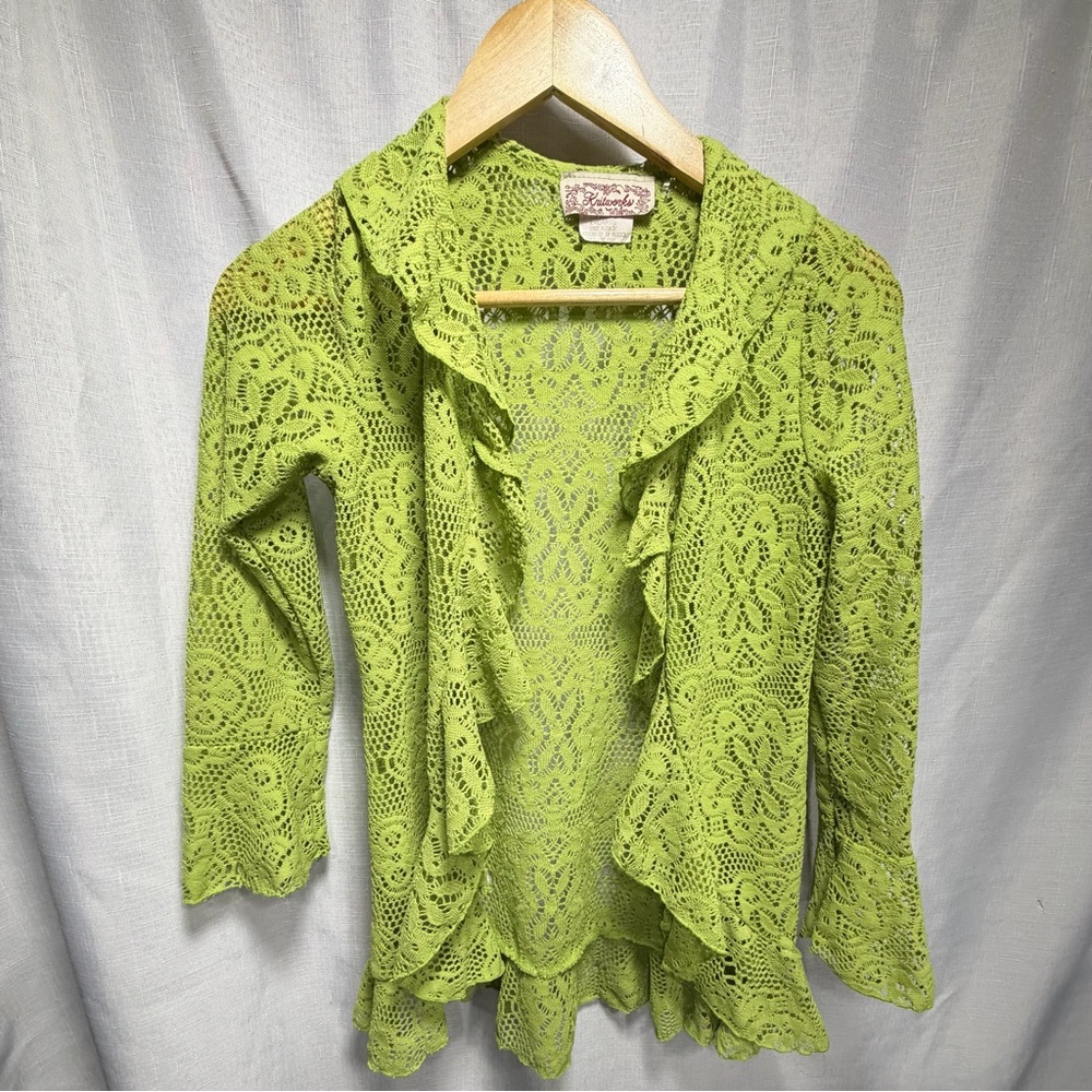 Knitworks Cardigan Lime Green Lace Crochet Womens XL Fairycore Boho Ruffle